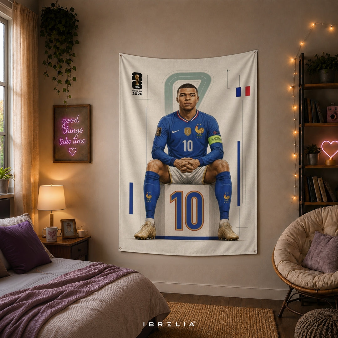Kylian Mbappé – FIFA World Cup 2026 – Premium Jute Fabric Tapestry – IBRELIA™