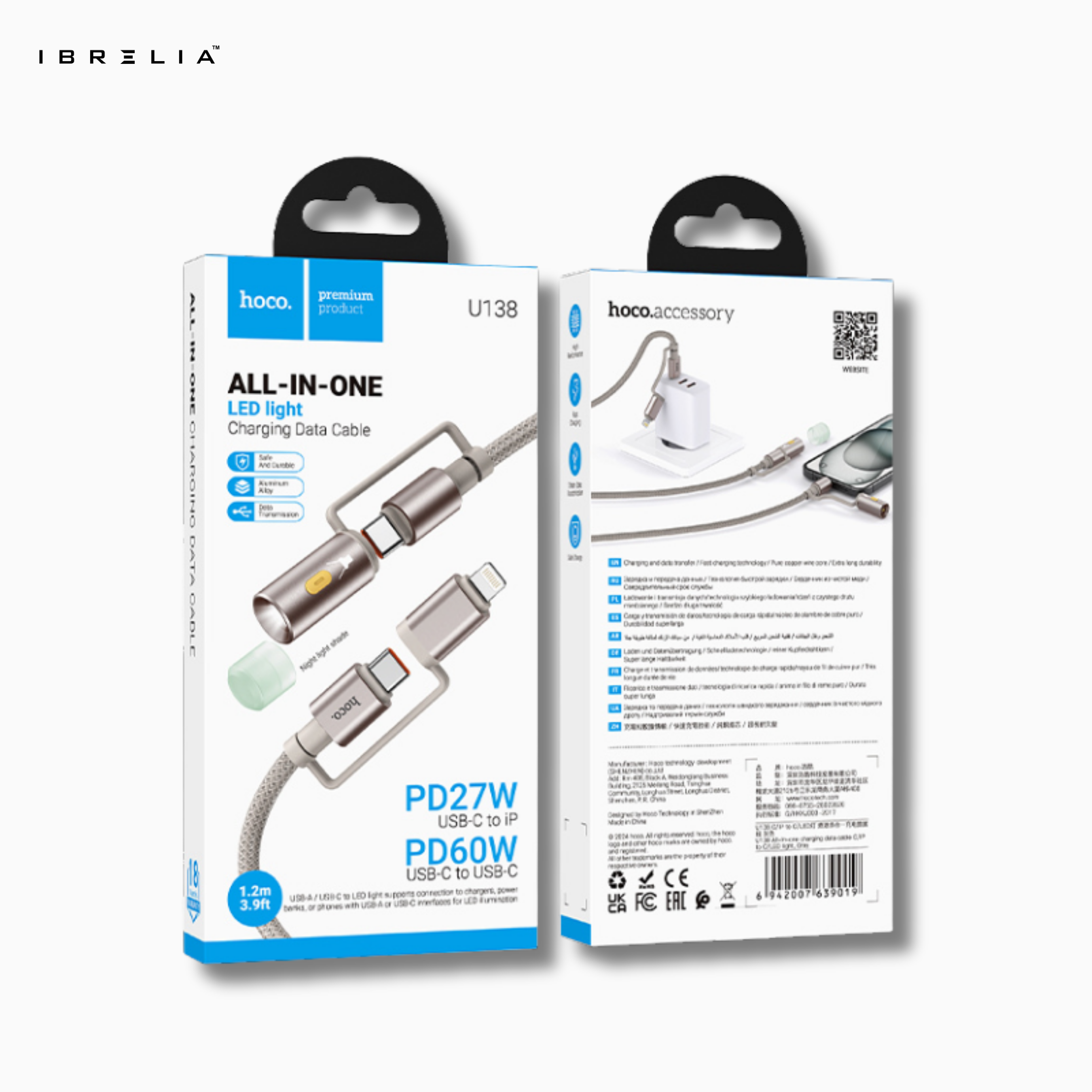 HOCO U138 All-in-One LED Light 2-in-1 Fast Charging Cable (USB-C to iP + USB-C) | IBRELIA™