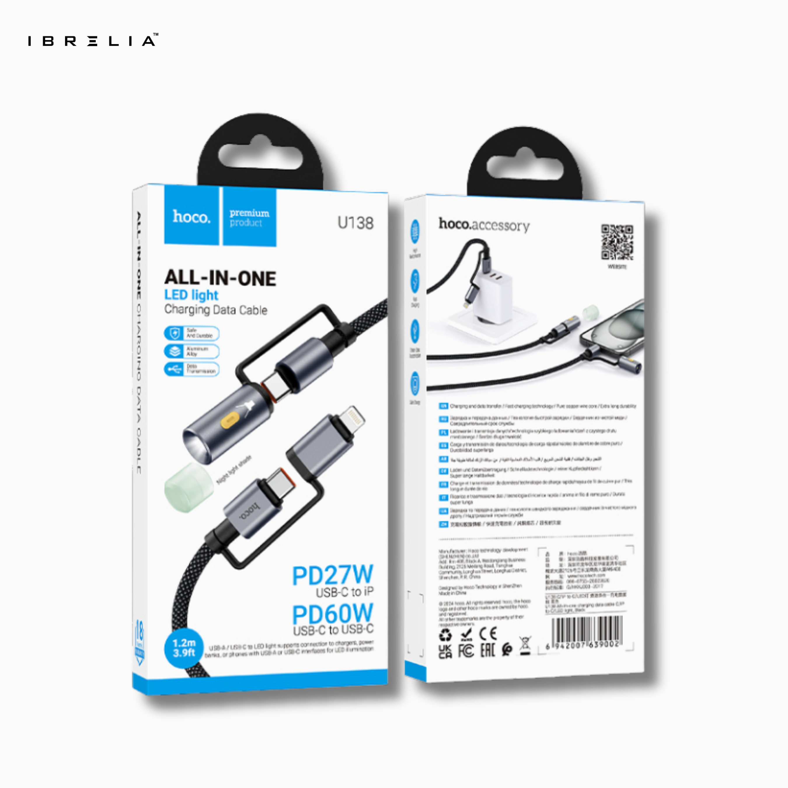 HOCO U138 All-in-One LED Light 2-in-1 Fast Charging Cable (USB-C to iP + USB-C) | IBRELIA™