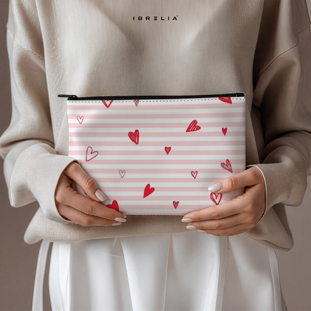 Pink Stripe Hearts Makeup & Pencil Pouch – Cute Romantic Aesthetic Organizer – IBRELIA™ IBRELIA