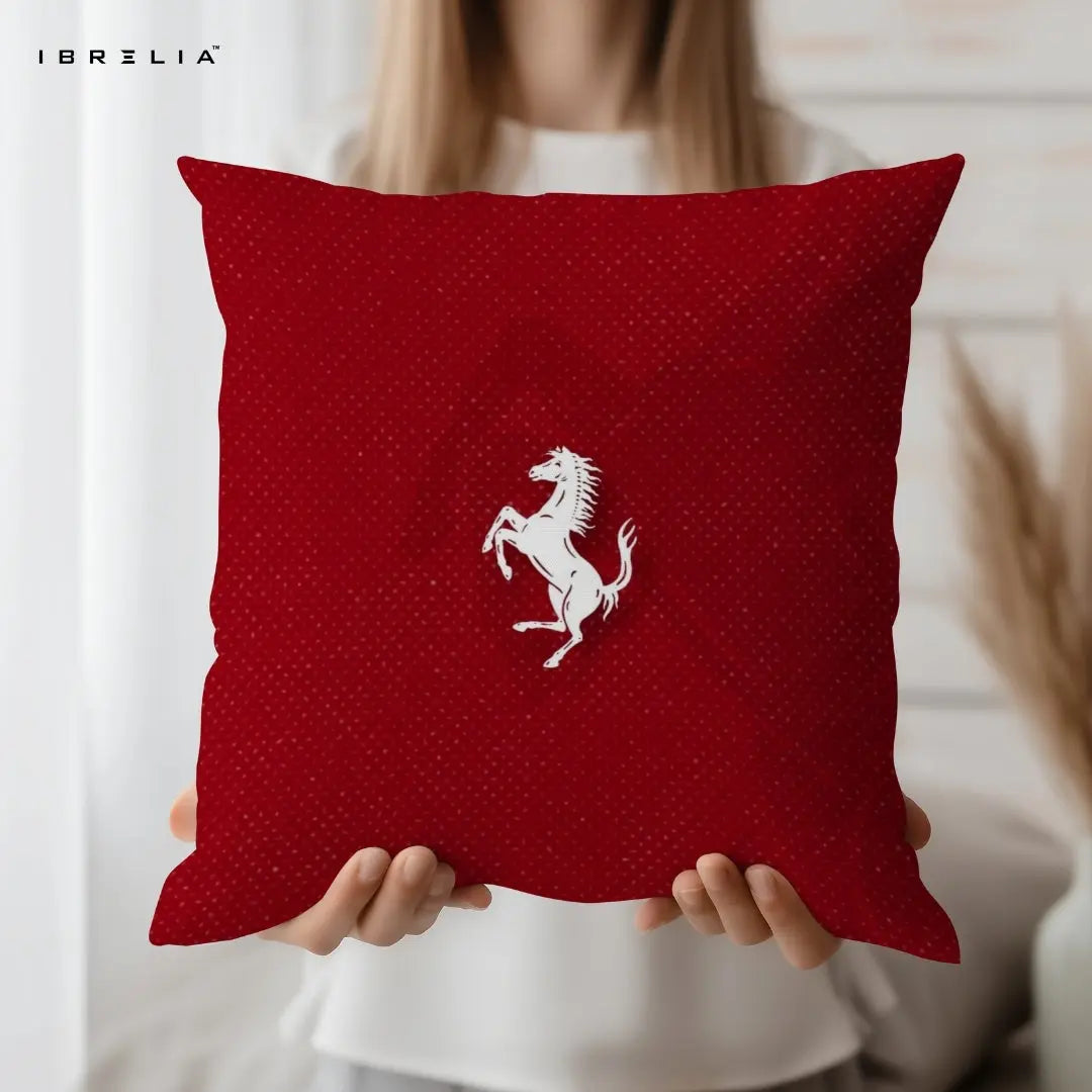 Red Horse Emblem Cushion – 15x15 Inch Decorative Pillow | Minimal Luxury Cushion | Double-Sided Print | Premium Fibre Filling | IBRELIA™ IBRELIA