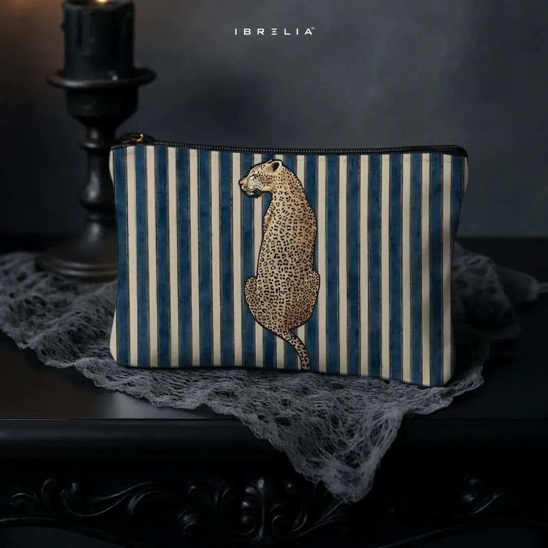 Leopard on Stripes Jute Pouch — Premium Makeup Bag & Pencil Case