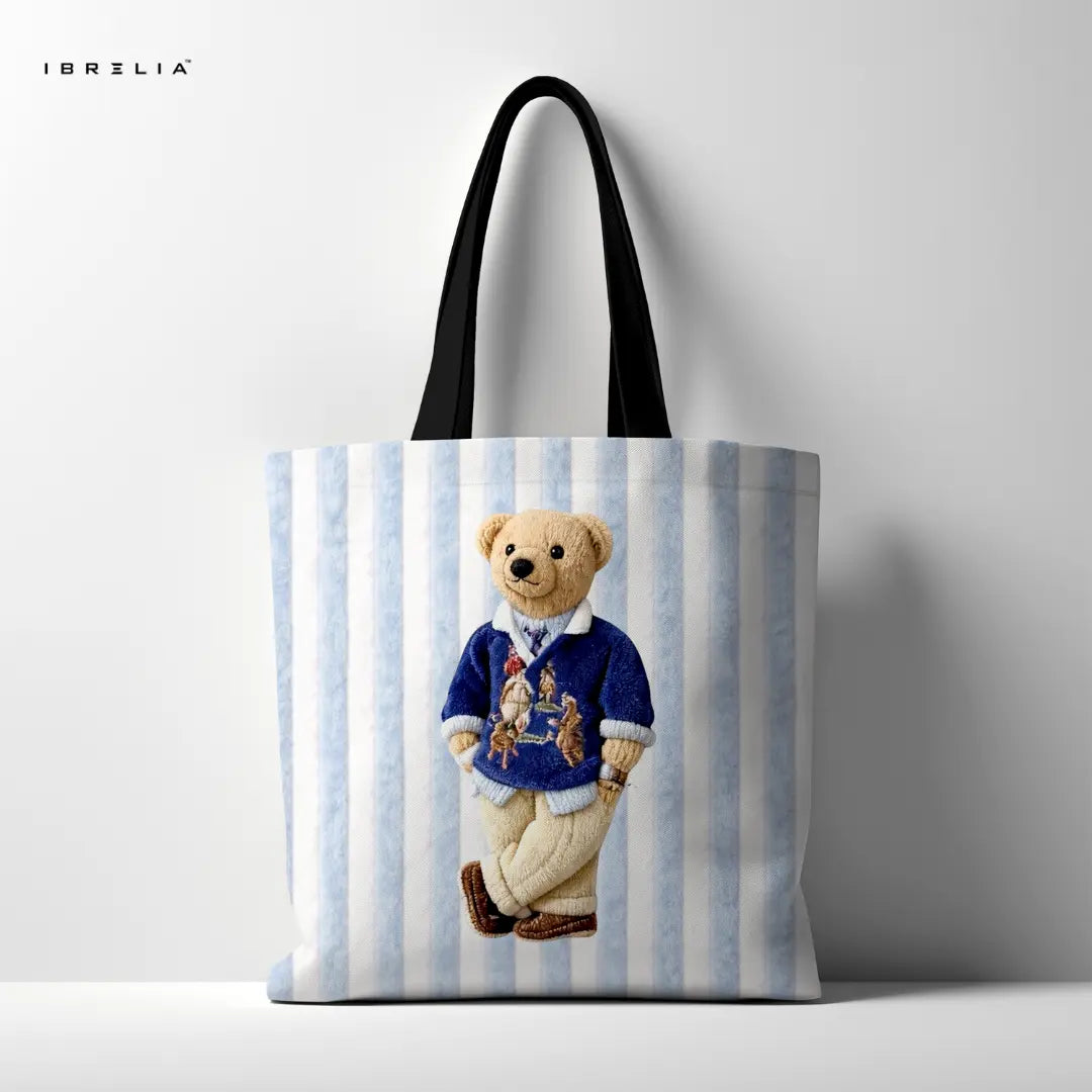 IBRELIA™ Teddy Stripe Premium Jute Tote Bag with Velvet Handles, Satin Lining & Inner Zip Pocket IBRELIA