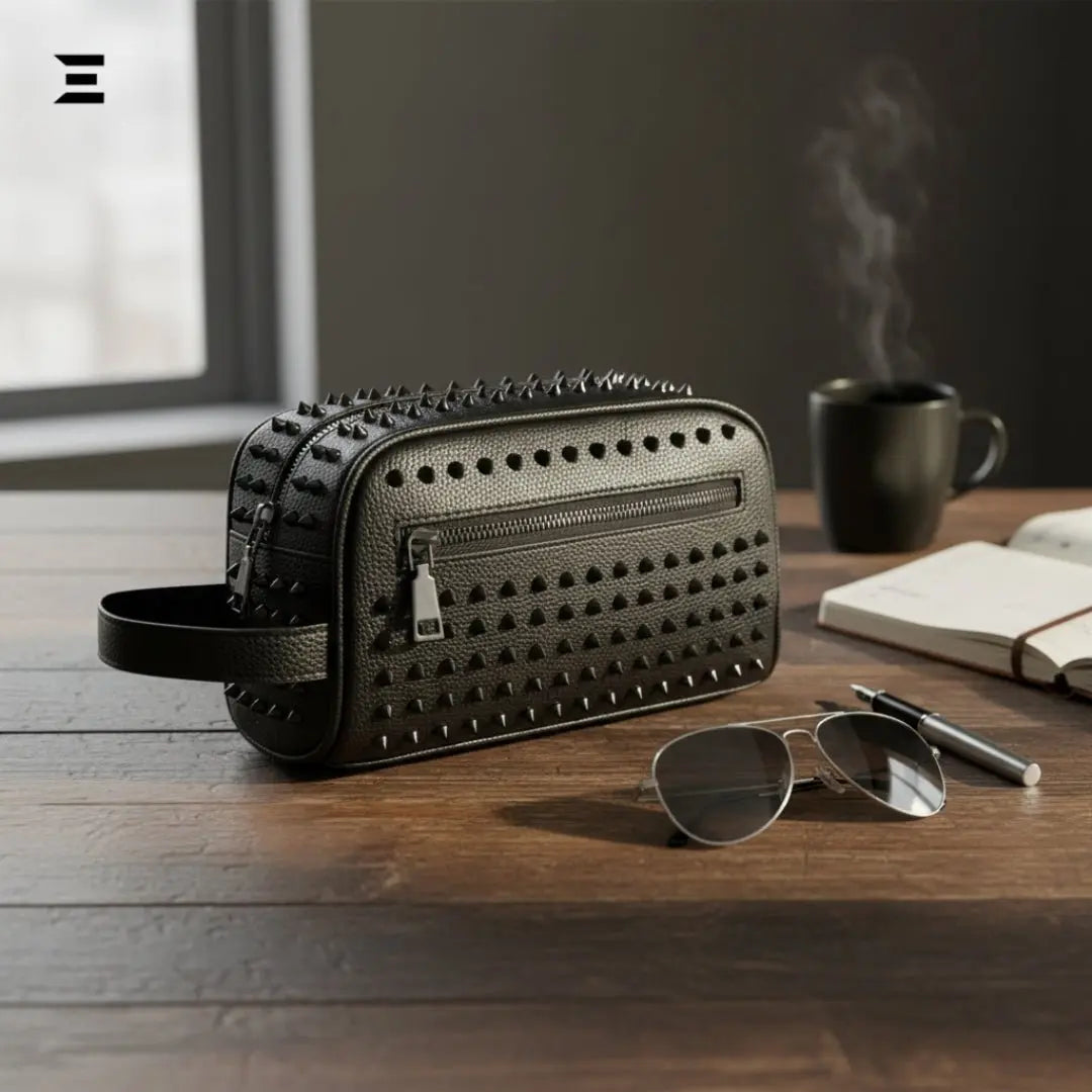 Elegant Black Rivet Leather Wrist Clutch – Unisex Evening & Party Bag IBRELIA™ - IBRELIA