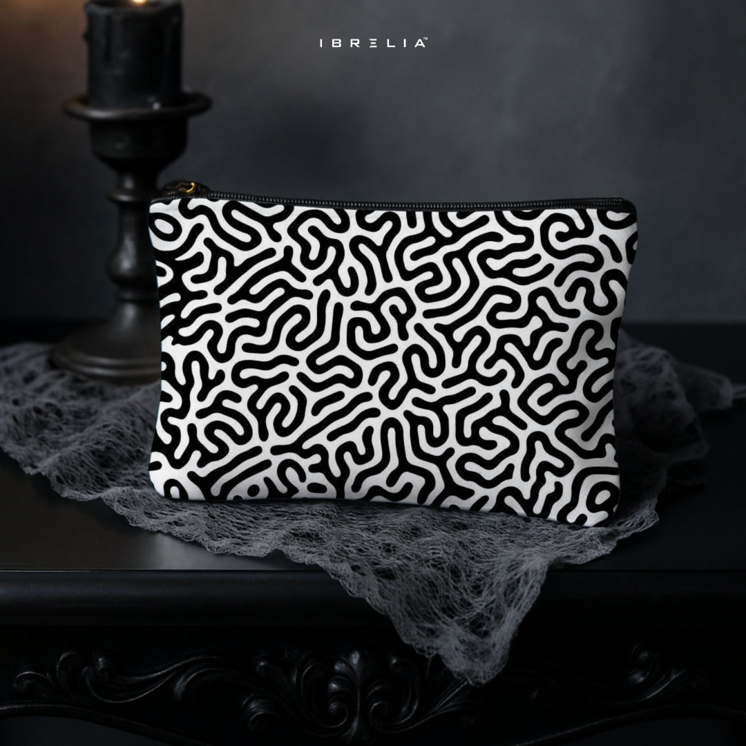 Monochrome Abstract Maze Makeup & Pencil Pouch – Black & White Modern Organizer – IBRELIA™