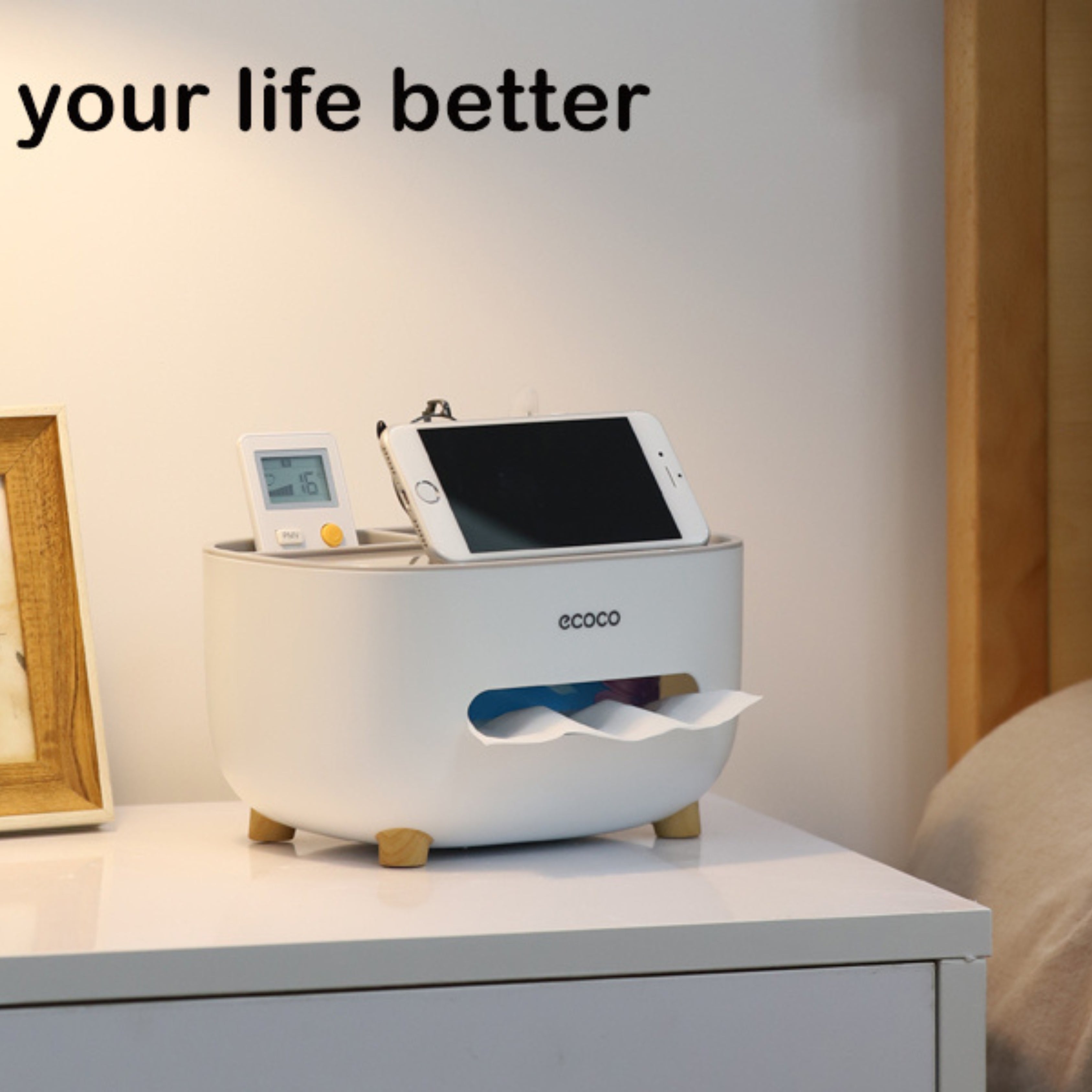 Multifunction Tissue Box Organizer with Phone Holder | Desk Storage & Tissue Dispenser | IBRELIA™ IBRELIA