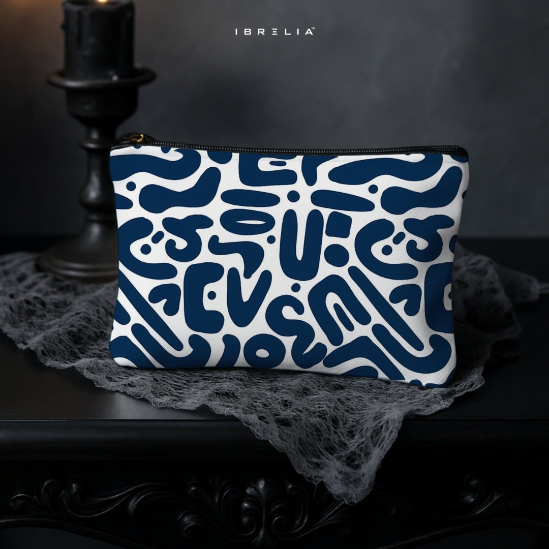 Navy Blue Abstract Pattern Makeup & Pencil Pouch – Modern Minimal Organizer – IBRELIA™