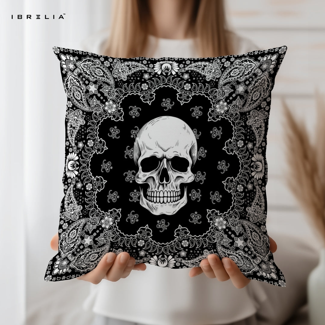 Skull Bandana Cushion | Black Gothic Design | Premium Jute Fabric | Double-Sided Print | IBRELIA™ IBRELIA