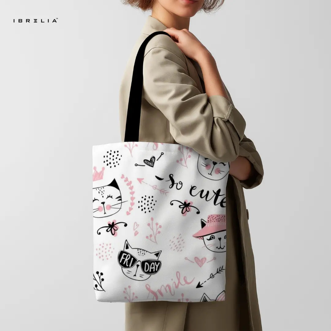 So Cute Cat Tote Bag – Playful Kitty Doodle Jute Tote with Velvet Handles | IBRELIA™ IBRELIA