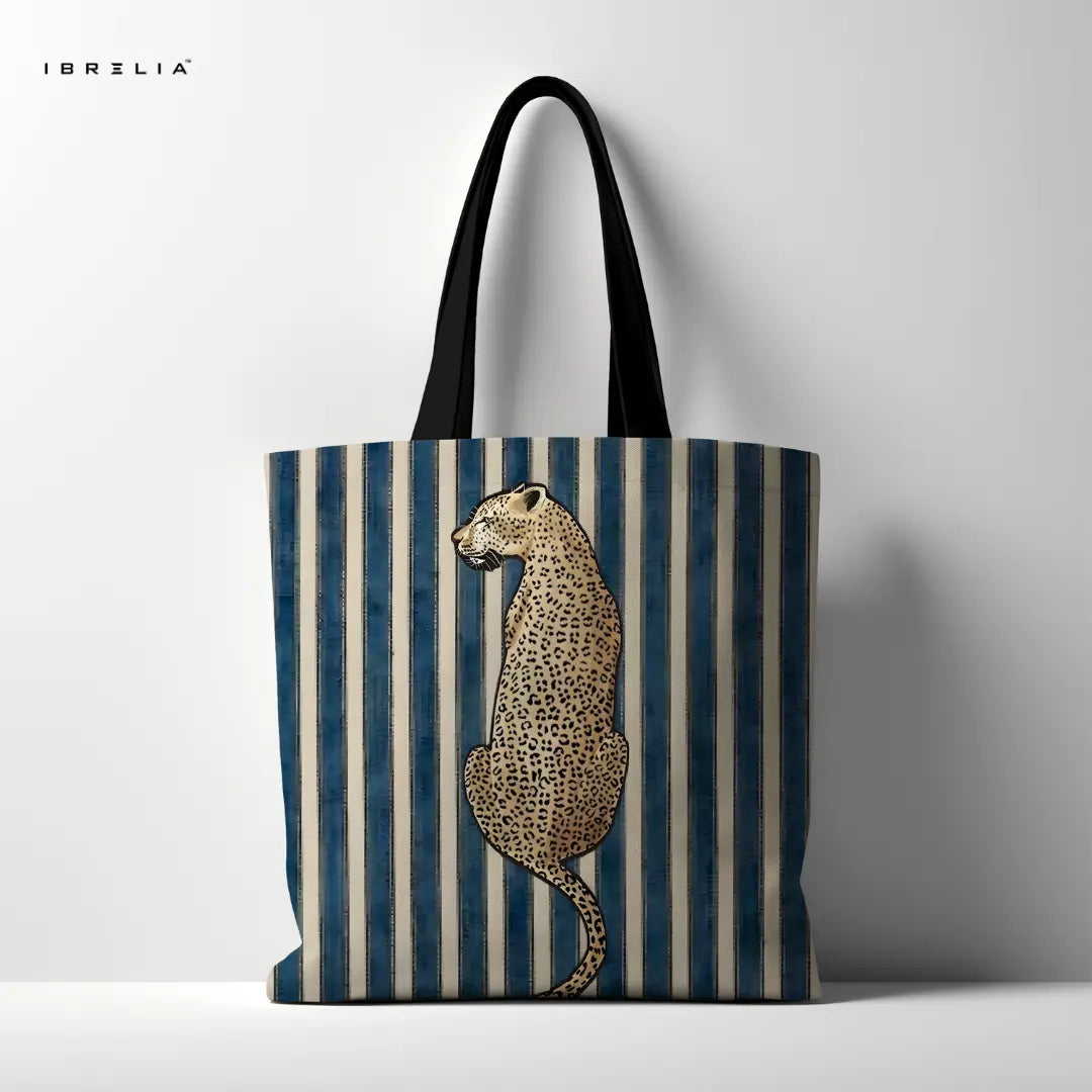 IBRELIA™ Leopard Stripe Premium Jute Tote Bag with Velvet Handles, Satin Lining & Inner Zip Pocket IBRELIA