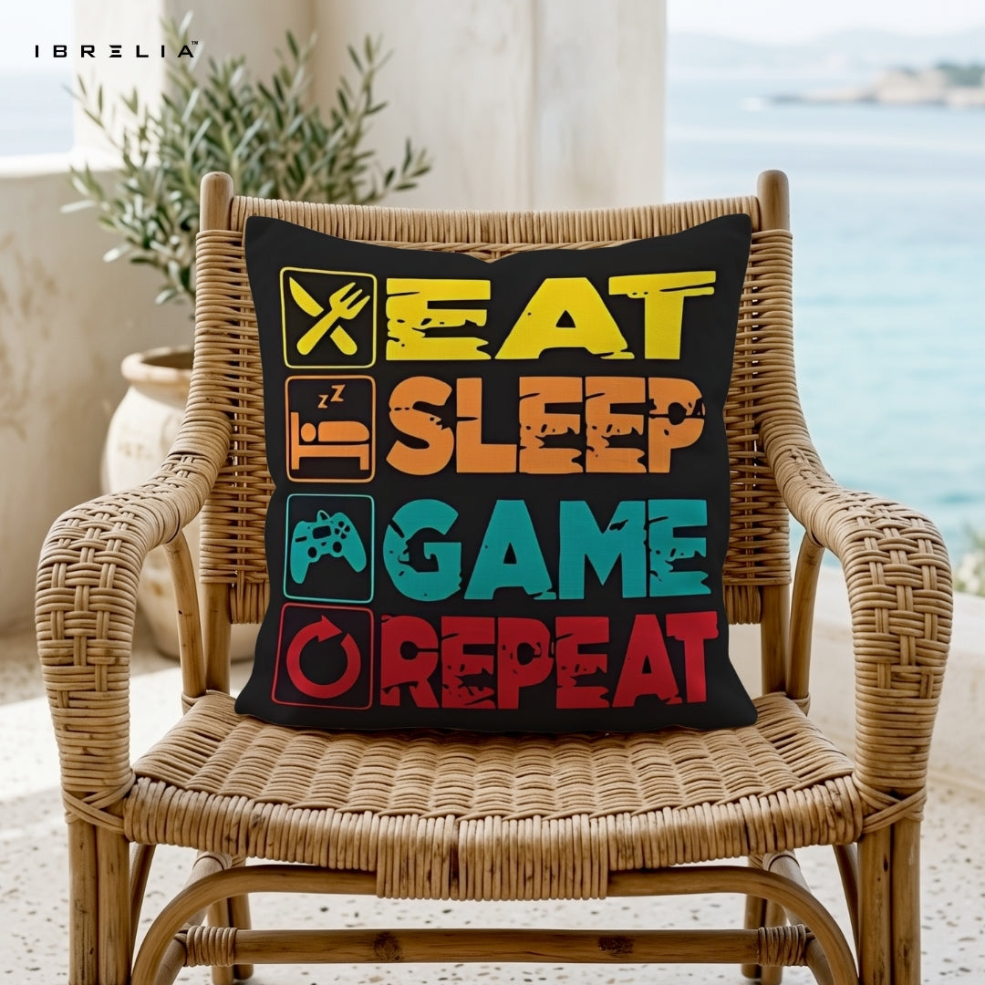 Eat Sleep Game Repeat Cushion 15x15 Inch | Gamer Lifestyle Pillow | IBRELIA™ IBRELIA