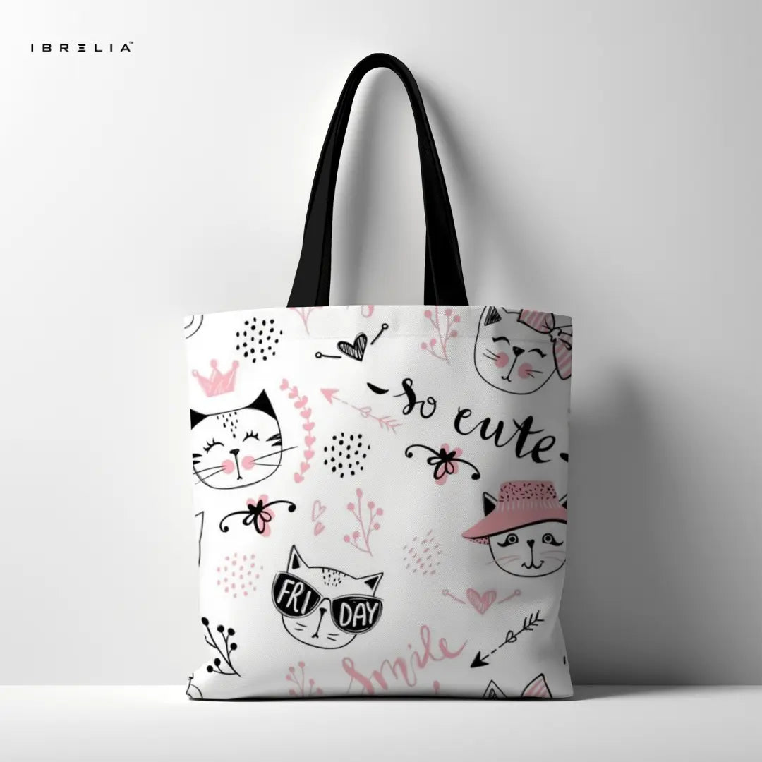 So Cute Cat Tote Bag – Playful Kitty Doodle Jute Tote with Velvet Handles | IBRELIA™ IBRELIA