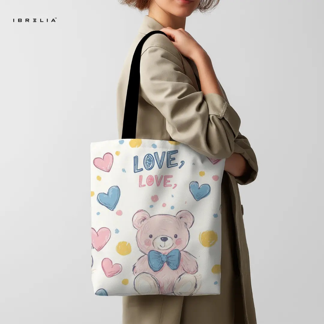 Love Bear Tote Bag – Cute Pastel Teddy Jute Tote with Velvet Handles | IBRELIA™ IBRELIA