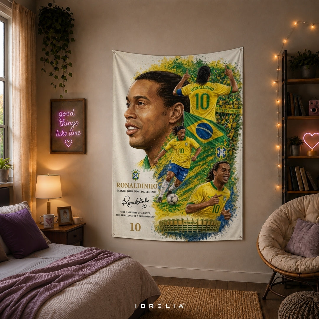 Ronaldinho Brazil Football Legend Premium Jute Fabric Tapestry | Football Wall Hanging | IBRELIA™