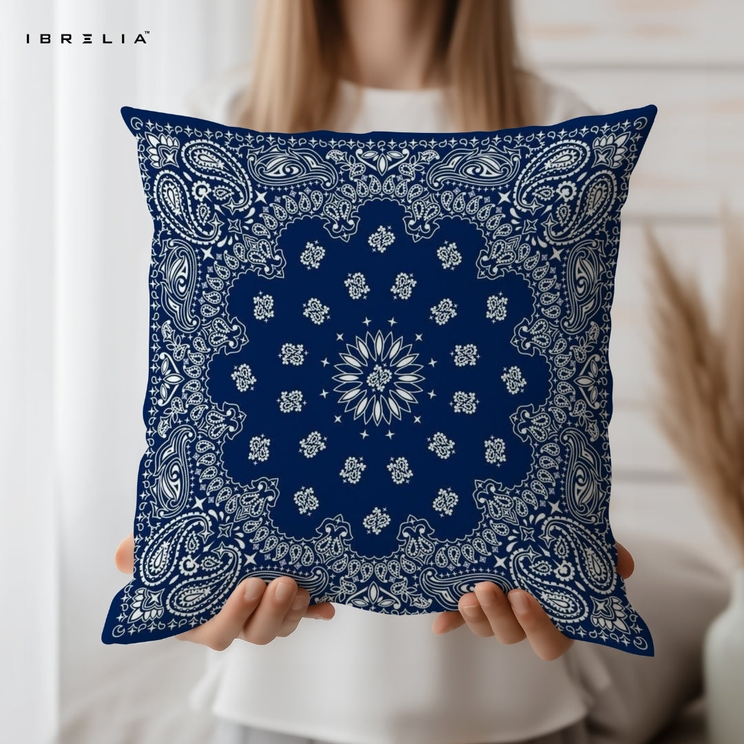 Blue Bandana Cushion | Paisley Pattern | Premium Jute Fabric | Double-Sided Print | IBRELIA™ IBRELIA