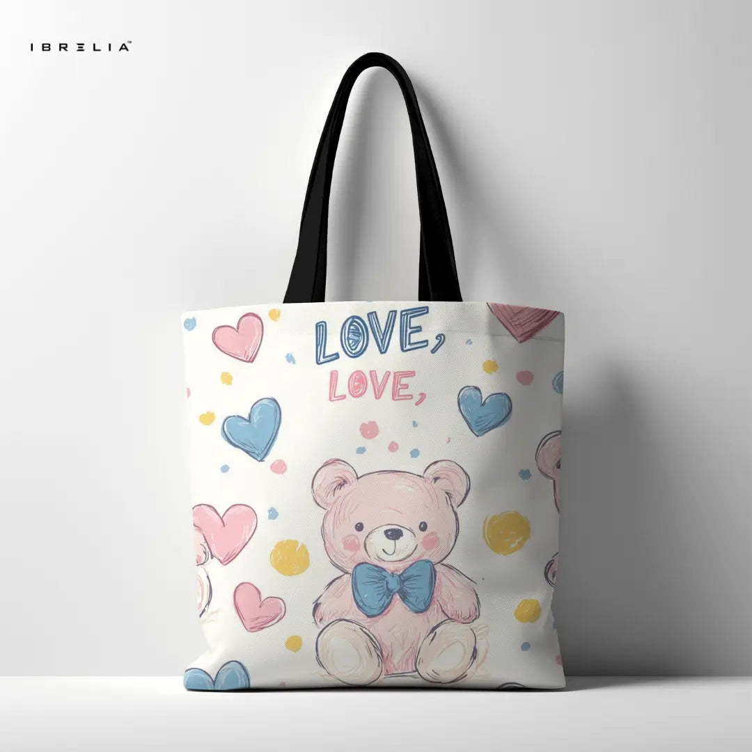 Love Bear Tote Bag – Cute Pastel Teddy Jute Tote with Velvet Handles | IBRELIA™ IBRELIA