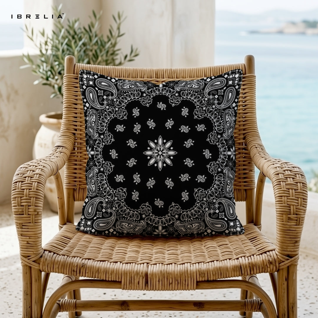 Black Paisley Mandala Cushion | Premium Jute Fabric | Double-Sided Print | IBRELIA™ IBRELIA