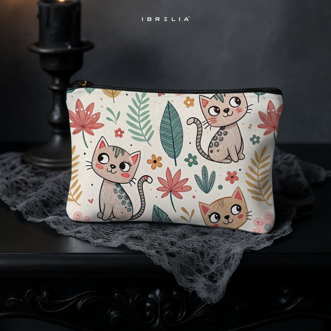 Cute Floral Cats Makeup & Pencil Pouch – Kawaii Cat Aesthetic Organizer – IBRELIA™ IBRELIA