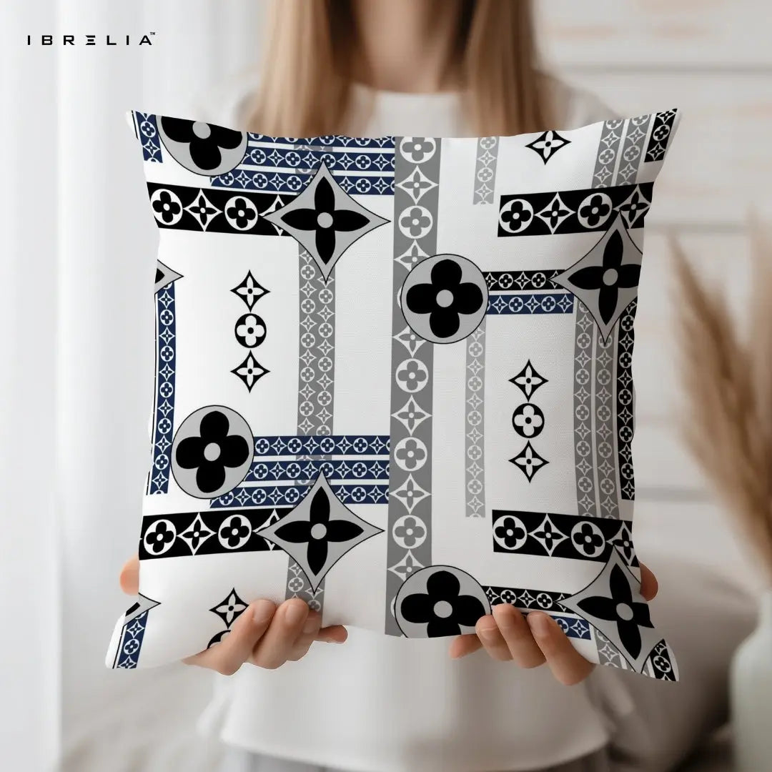 Geometric Monogram Pattern Cushion | Black & Grey Luxury Design | Premium Jute Fabric | Double-Sided Print | IBRELIA™ IBRELIA