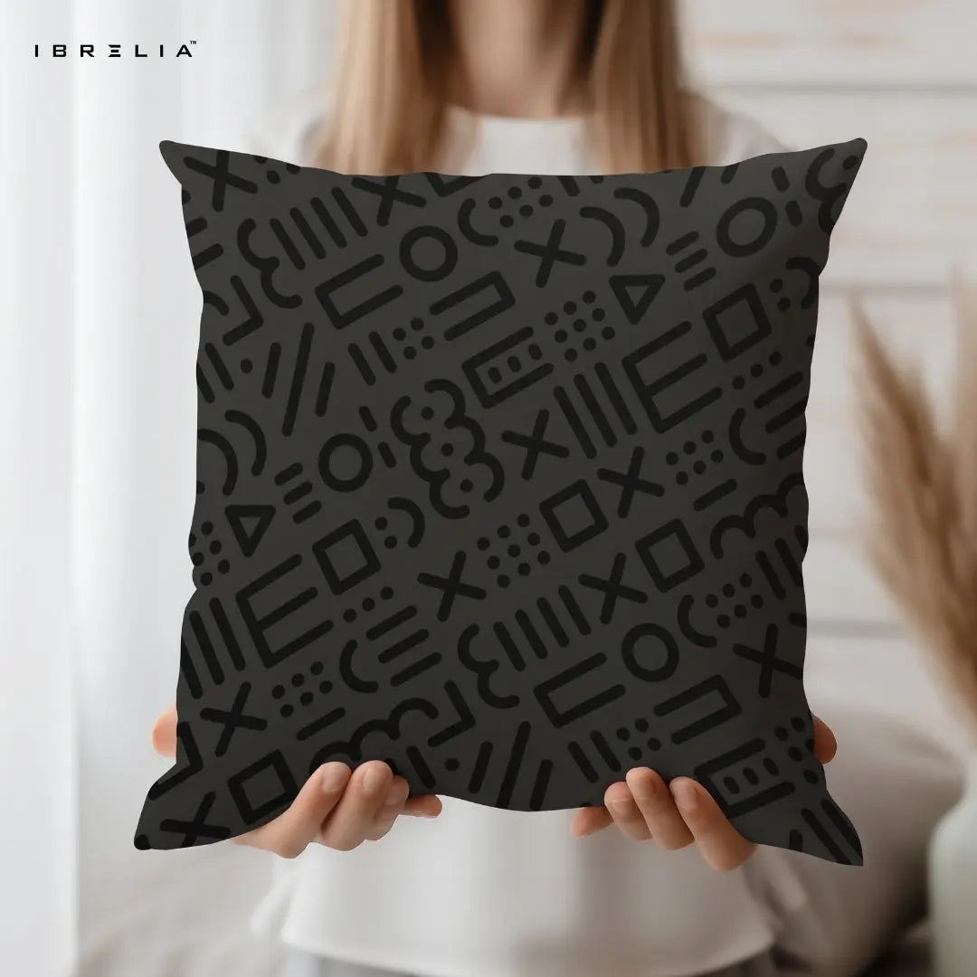 Abstract Geometric Pattern Cushion | Minimal Dark Aesthetic Design | Premium Jute Fabric | Double-Sided Print | IBRELIA™ IBRELIA