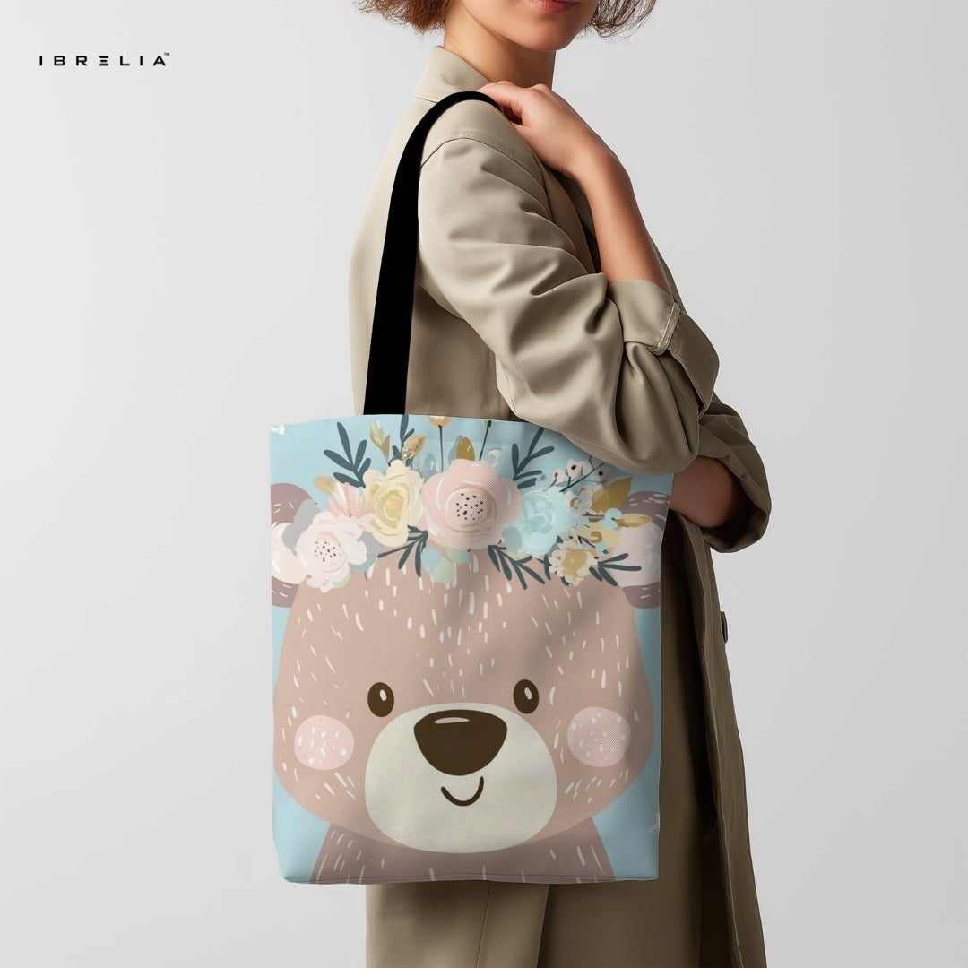 IBRELIA™ Floral Teddy Tote Bag – Cute Blue Premium Jute Tote with Velvet Handles & Satin Inner Lining IBRELIA