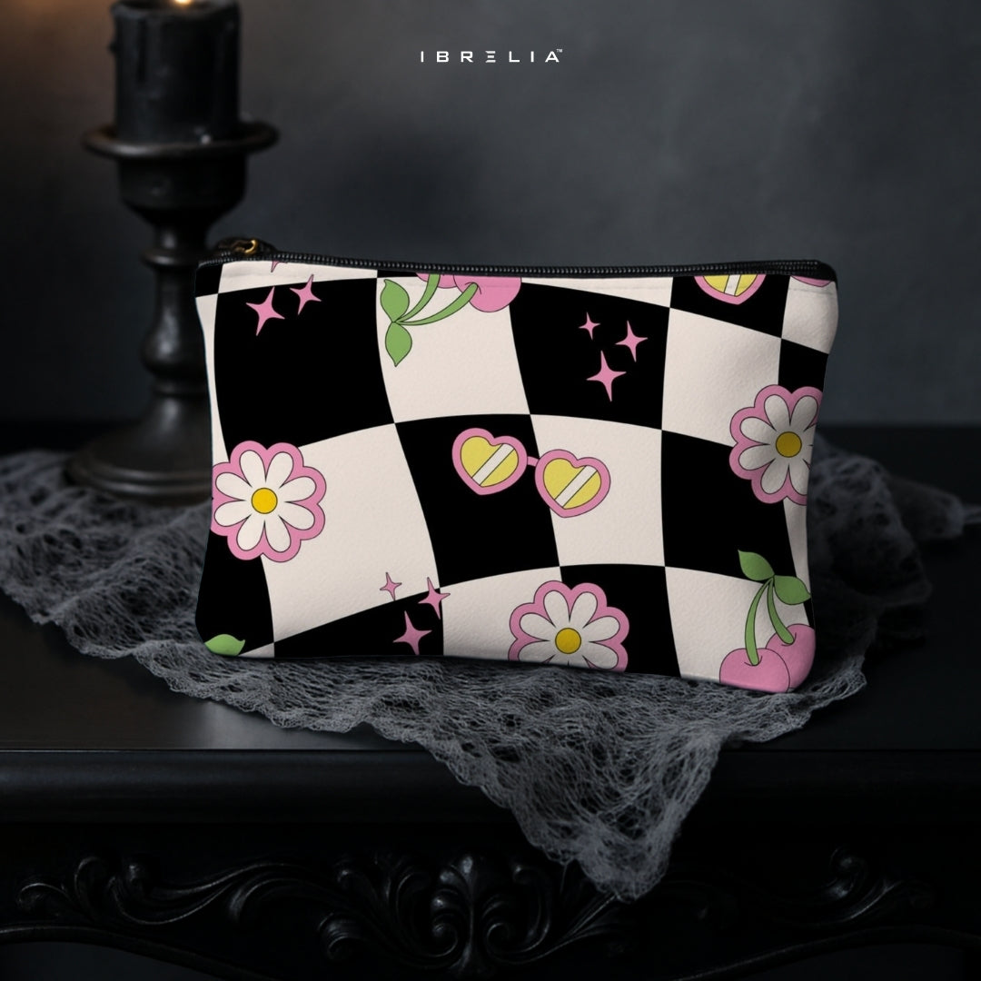 Cherry Daisy Checkerboard Makeup & Pencil Pouch – Retro Aesthetic Cosmetic Organizer – IBRELIA™ IBRELIA