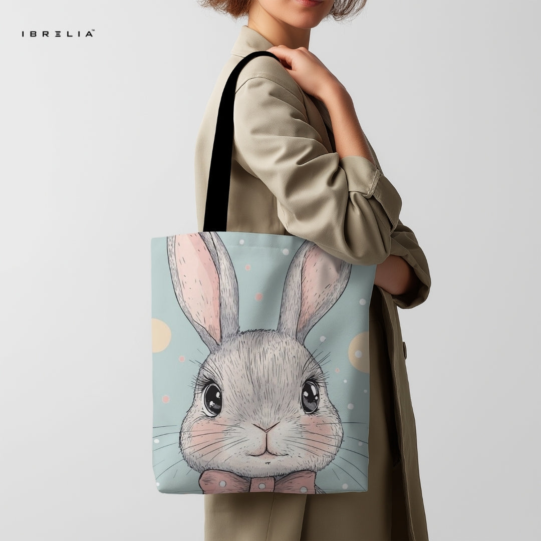 IBRELIA™ Bunny Tote Bag – Cute Pastel Rabbit Premium Jute Tote with Velvet Handles & Satin Inner Lining IBRELIA