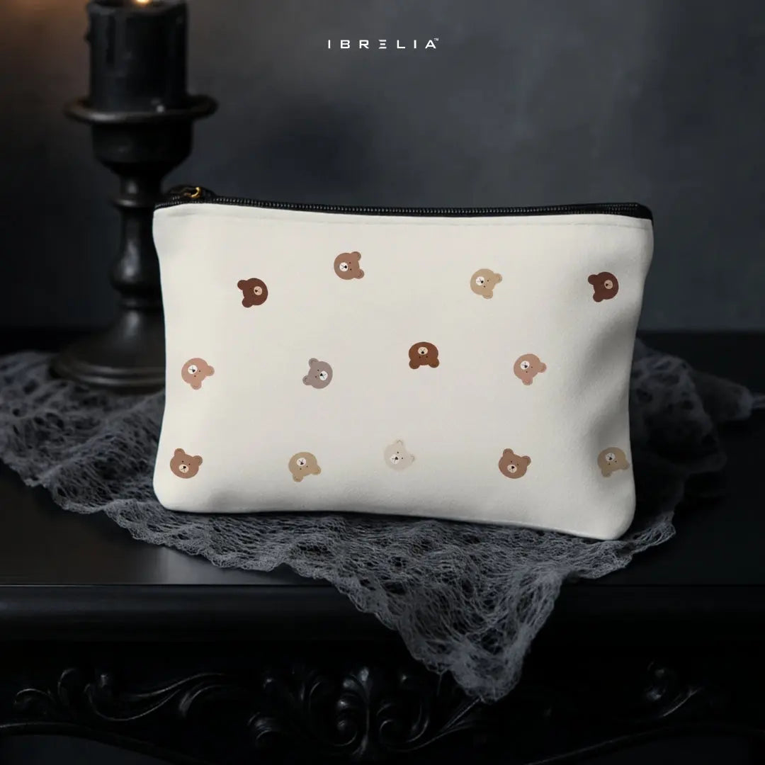 Minimal Teddy Dots Makeup & Pencil Pouch – Double-Sided Print – IBRELIA™