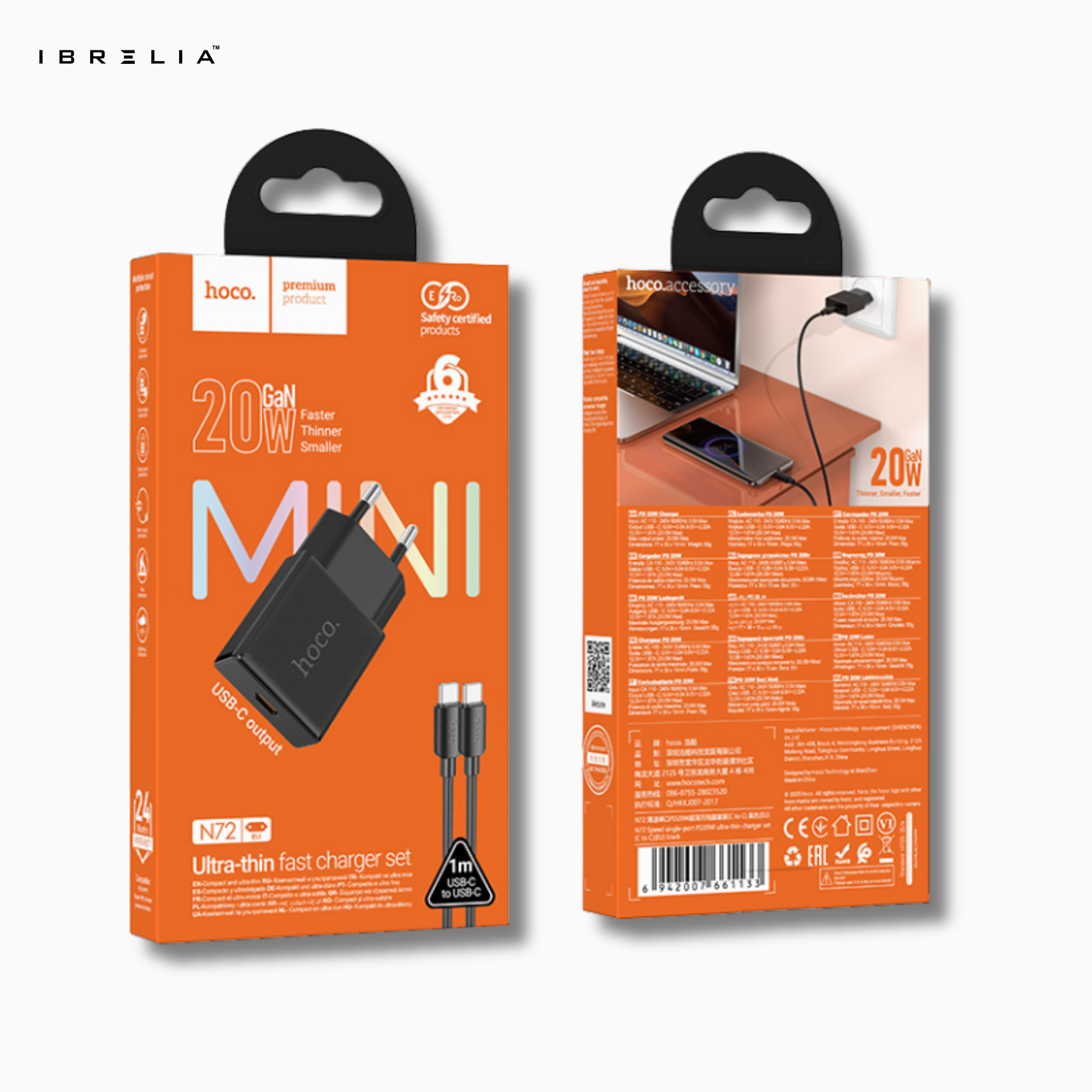 HOCO N72 Speed 20W Ultra-Thin GaN Fast Charger Set (USB-C to USB-C, 60W Cable Included) | IBRELIA™