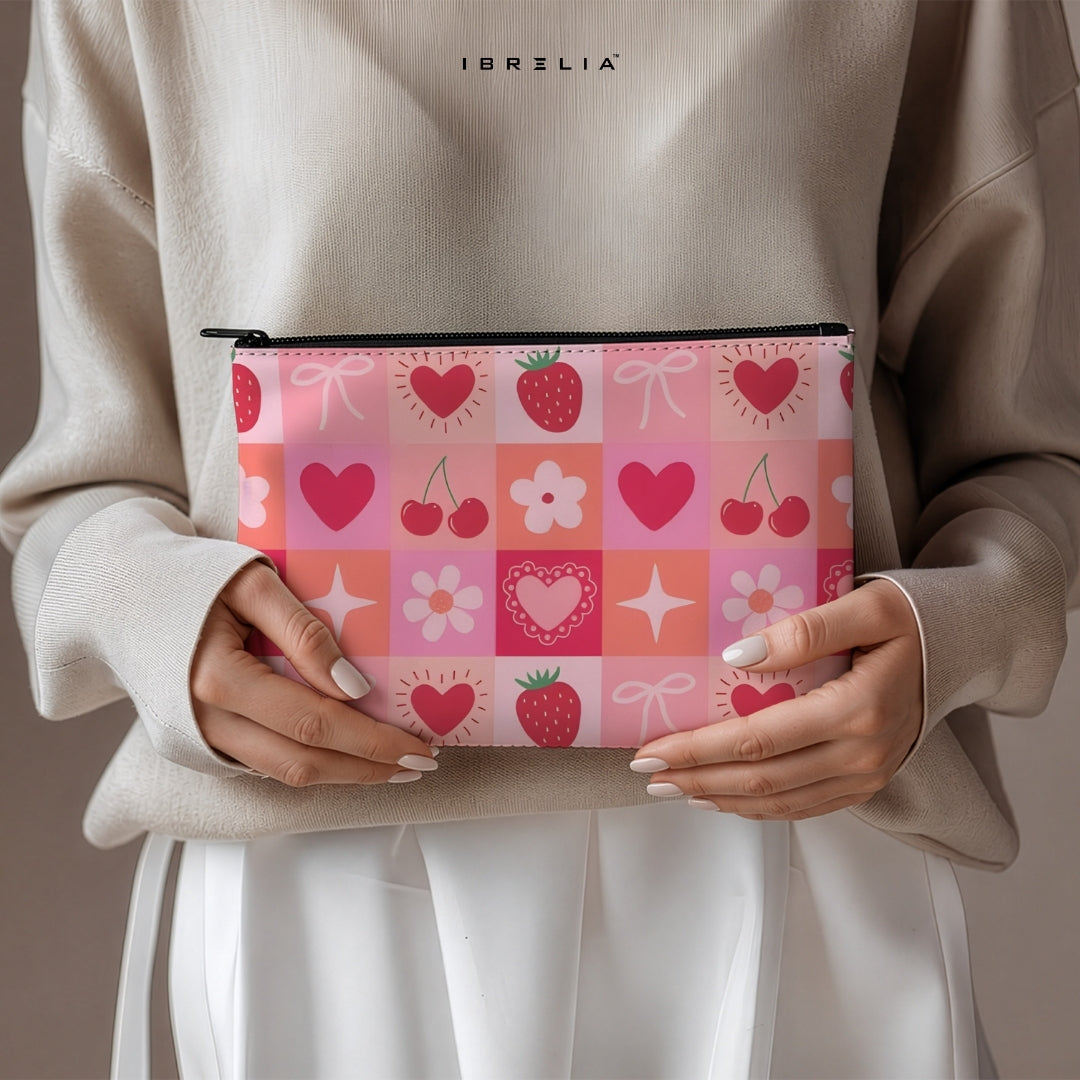 Pink Strawberry Hearts Makeup & Pencil Pouch – Cute Aesthetic Cosmetic Organizer – IBRELIA™ IBRELIA