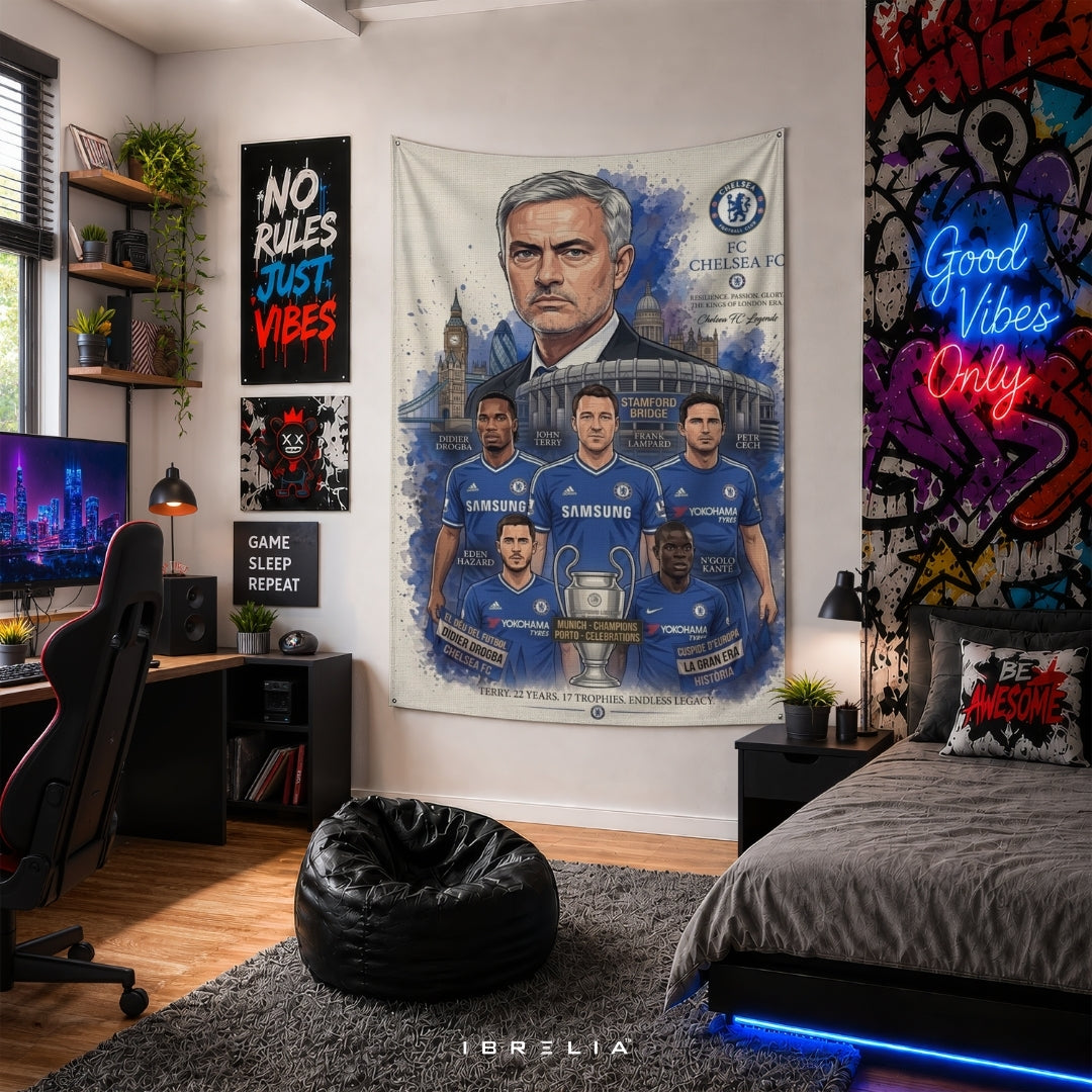 Chelsea FC Legends Premium Jute Fabric Tapestry | Stamford Bridge Football Club Wall Hanging | IBRELIA™