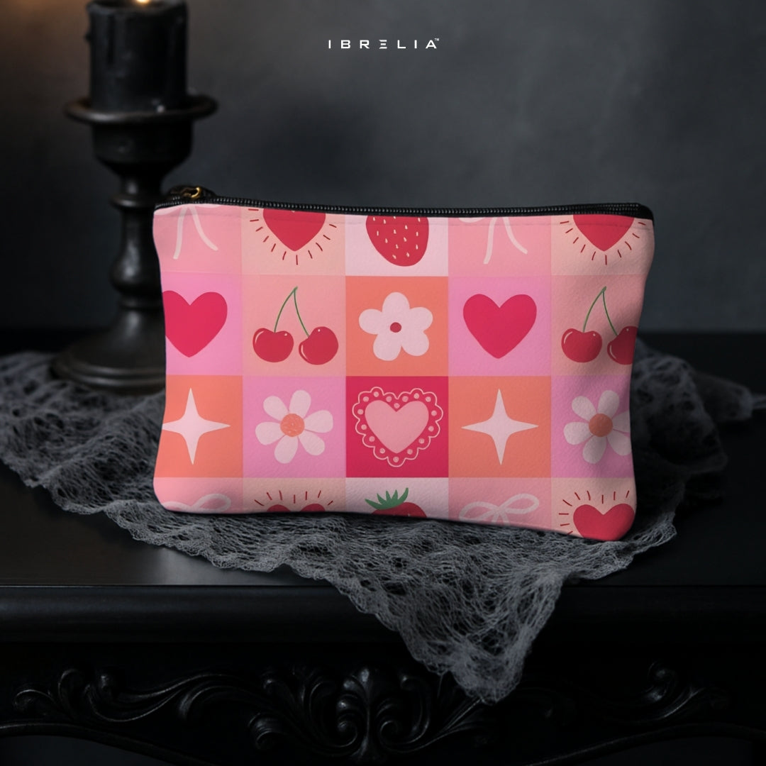 Pink Strawberry Hearts Makeup & Pencil Pouch – Cute Aesthetic Cosmetic Organizer – IBRELIA™
