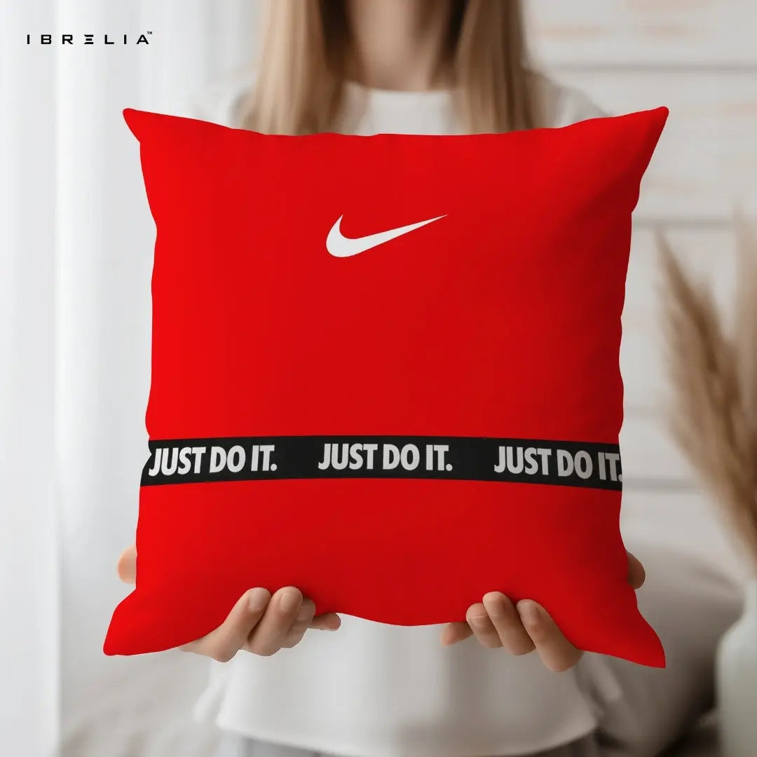 Nike Just Do It Cushion | Red Minimal Sports Design | Premium Jute Fabric | Double-Sided Print | IBRELIA™ IBRELIA