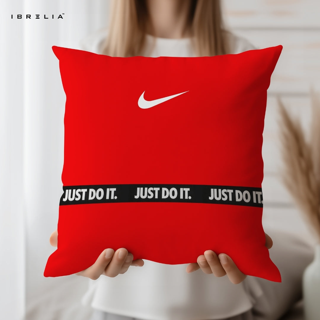 Nike Just Do It Cushion | Red Minimal Sports Design | Premium Jute Fabric | Double-Sided Print | IBRELIA™ IBRELIA