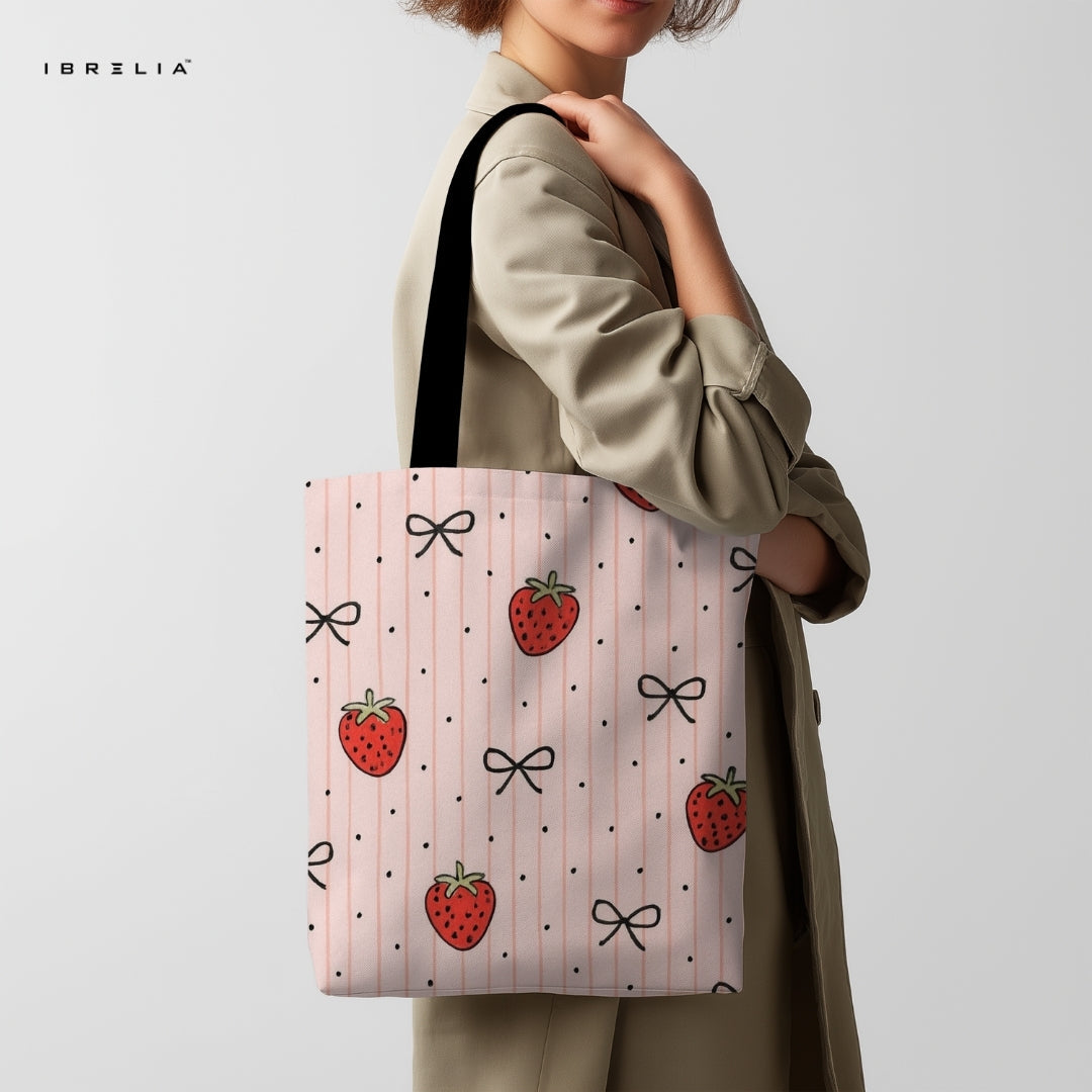 IBRELIA™ Strawberry Bow Tote Bag – Cute Pink Premium Jute Tote with Velvet Handles & Satin Inner Lining IBRELIA