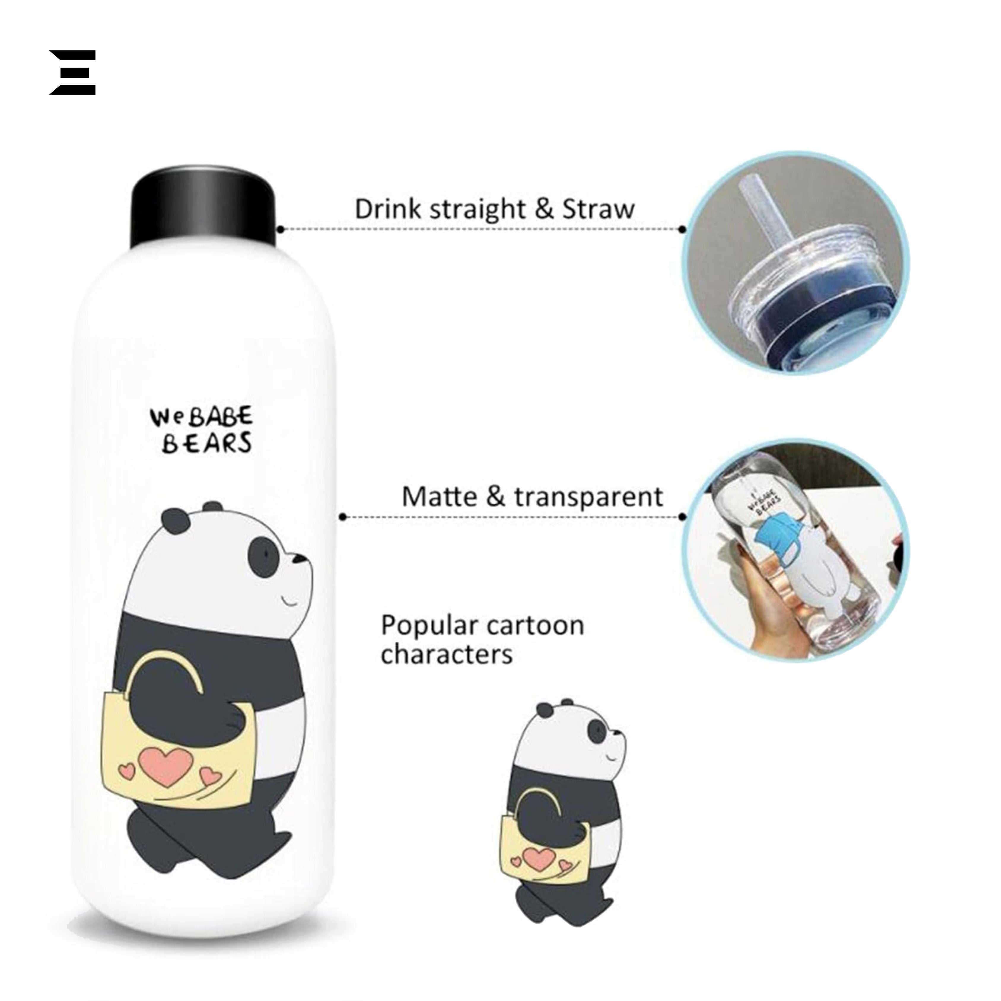 We Bare Bears Panda Cartoon Water Bottle with Straw – Matte Transparent Cute Drink Bottle | IBRELIA™ IBRELIA