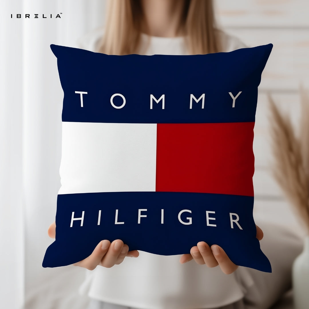 Tommy Hilfiger Cushion | Classic Flag Design | Premium Jute Fabric | Double-Sided Print | IBRELIA™ IBRELIA