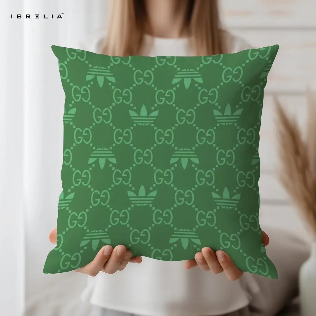 Green Monogram Pattern Cushion – 15x15 Inch Decorative Pillow | Luxury Pattern Cushion | Double-Sided Print | Premium Fibre Filling | IBRELIA™ IBRELIA