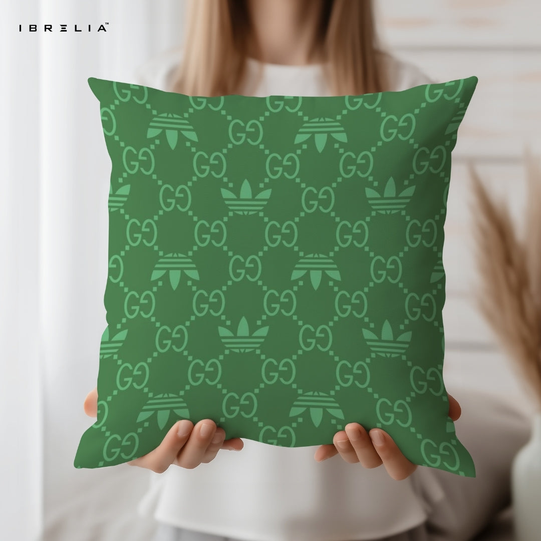 Green Monogram Pattern Cushion – 15x15 Inch Decorative Pillow | Luxury Pattern Cushion | Double-Sided Print | Premium Fibre Filling | IBRELIA™ IBRELIA