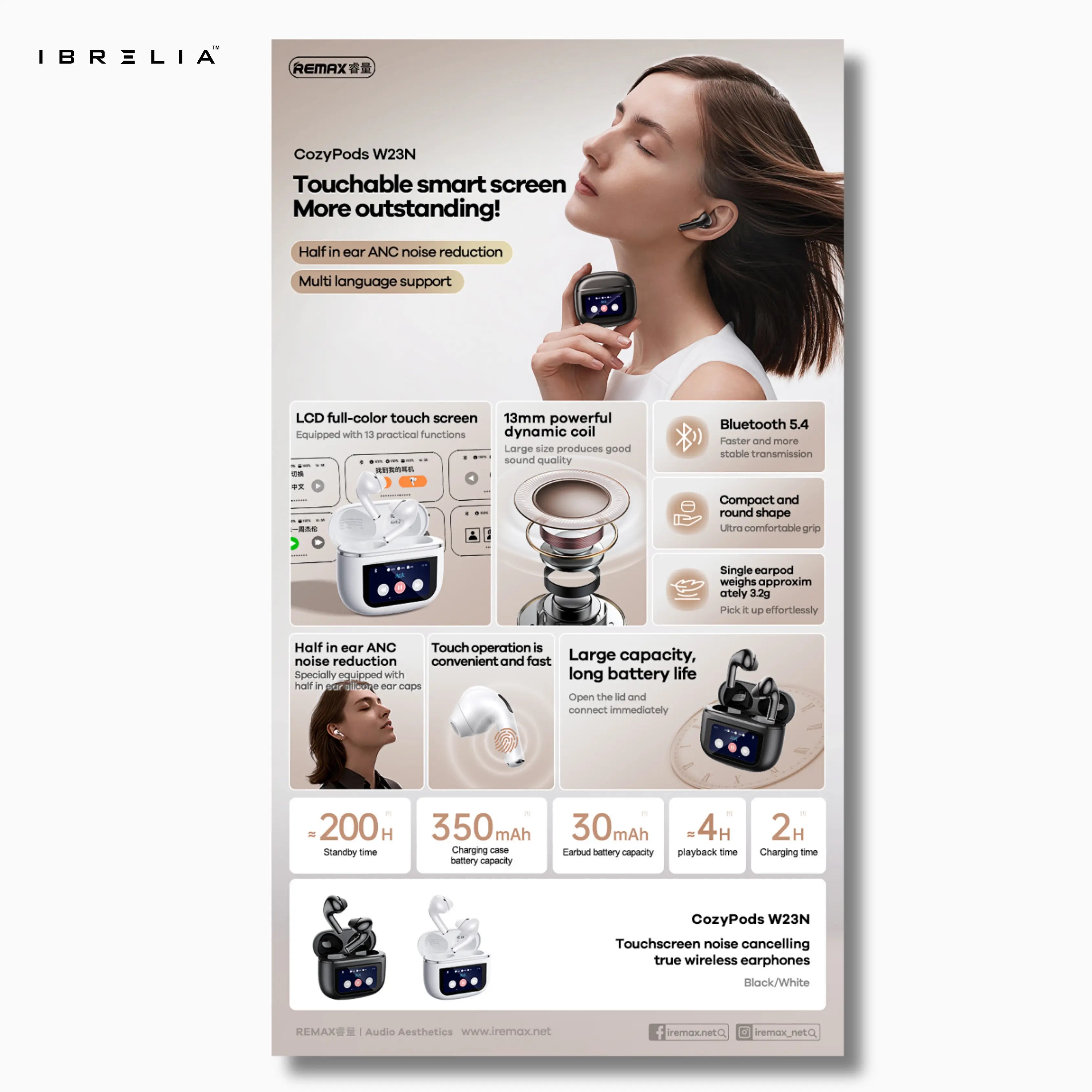 REMAX CozyPods W23N Touch Control Noise-Cancelling TWS Earbuds | LED Touch Screen Case | IBRELIA™ IBRELIA