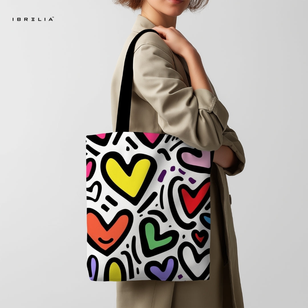 IBRELIA™ Pop Art Hearts Tote Bag – Colorful Premium Jute Tote with Velvet Handles & Satin Inner Lining IBRELIA