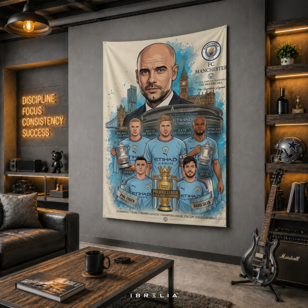 Manchester City Legends Premium Jute Fabric Tapestry | Etihad Stadium Football Club Wall Hanging | IBRELIA™