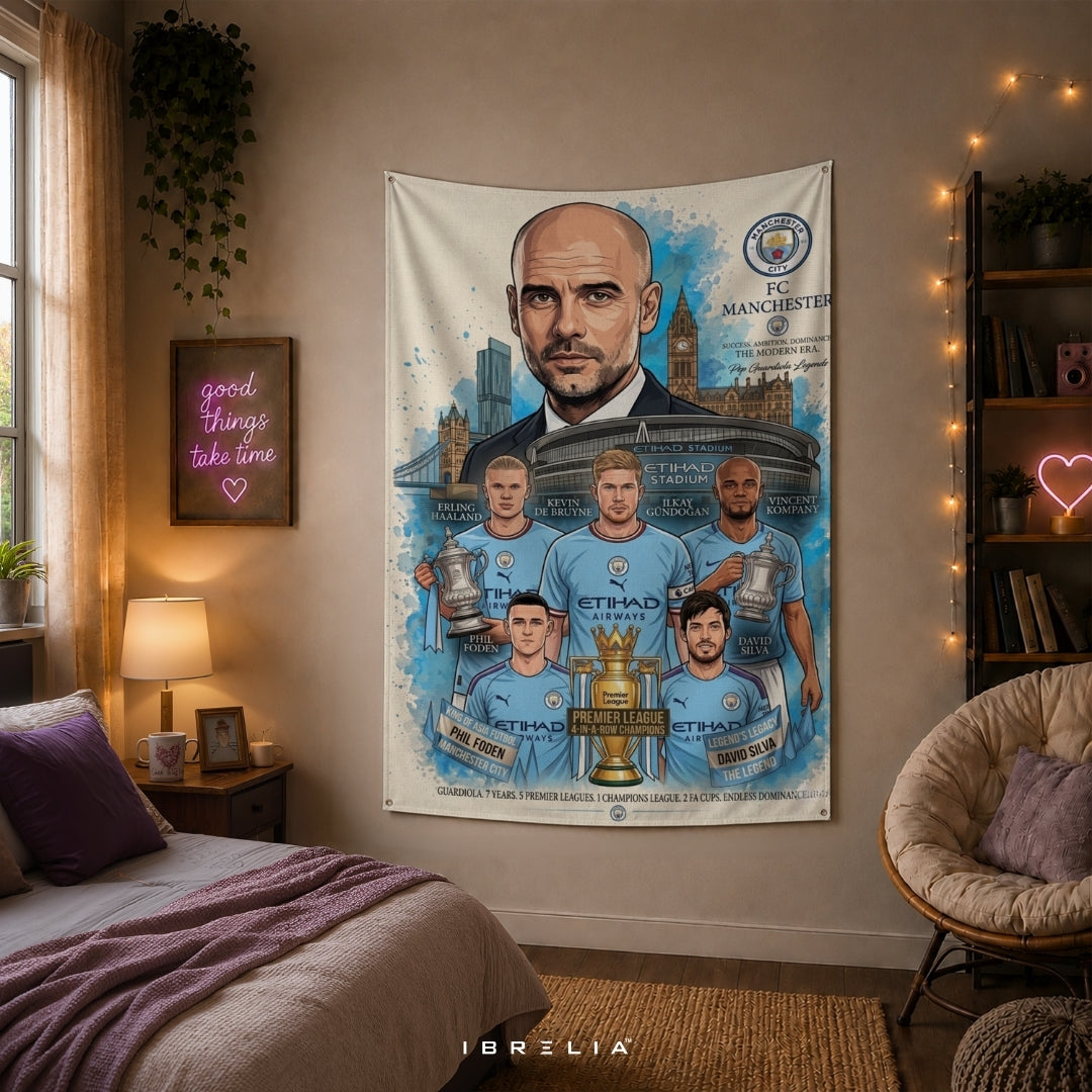 Manchester City Legends Premium Jute Fabric Tapestry | Etihad Stadium Football Club Wall Hanging | IBRELIA™
