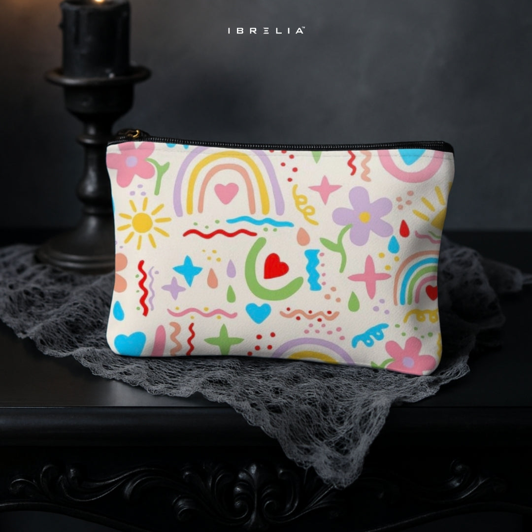 Rainbow Pastel Doodle Makeup & Pencil Pouch – Cute Aesthetic Cosmetic Organizer – IBRELIA™
