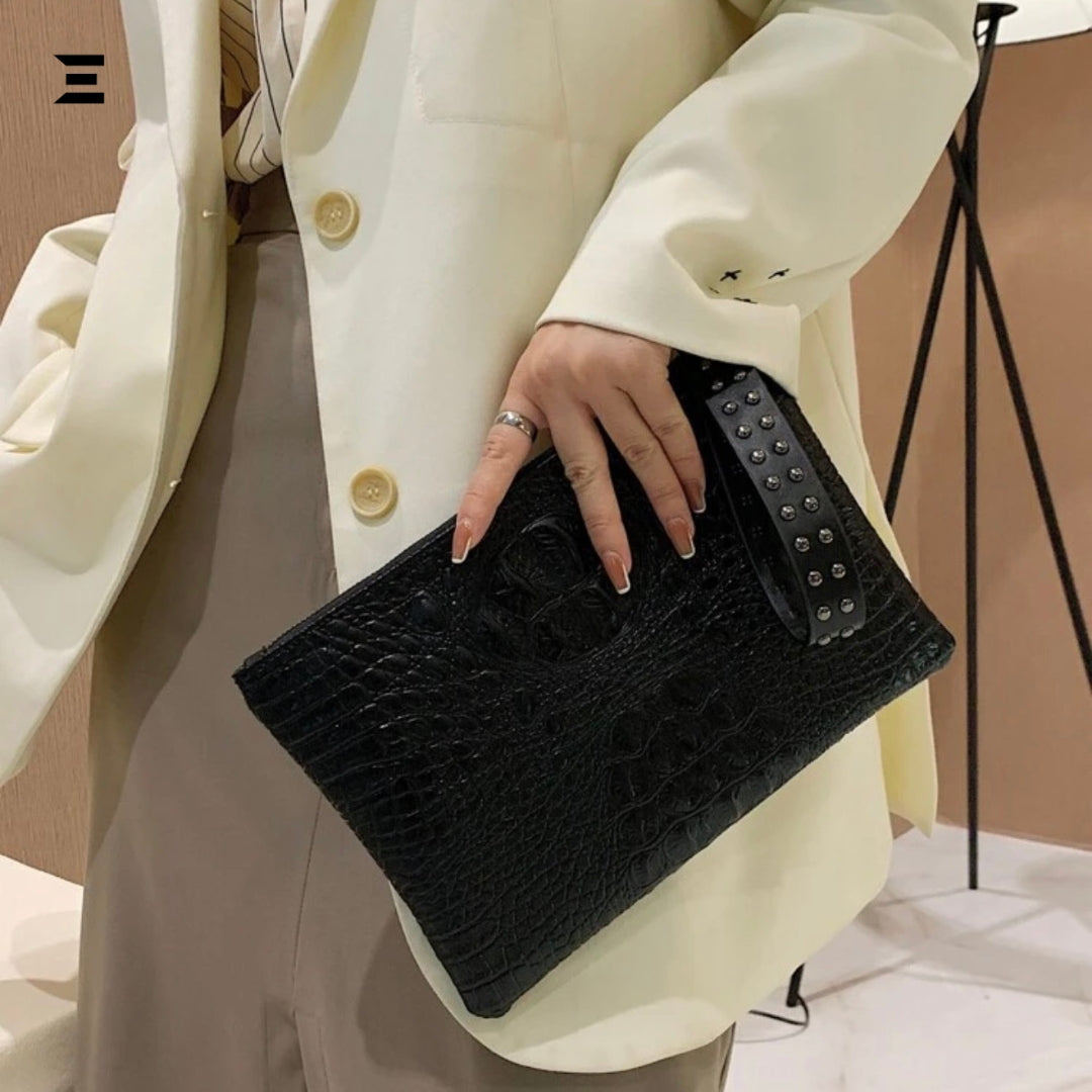Crocodile Embossed Studded Wristlet Bag | Vintage Old-Money PU Leather Clutch for Women | IBRELIA™
