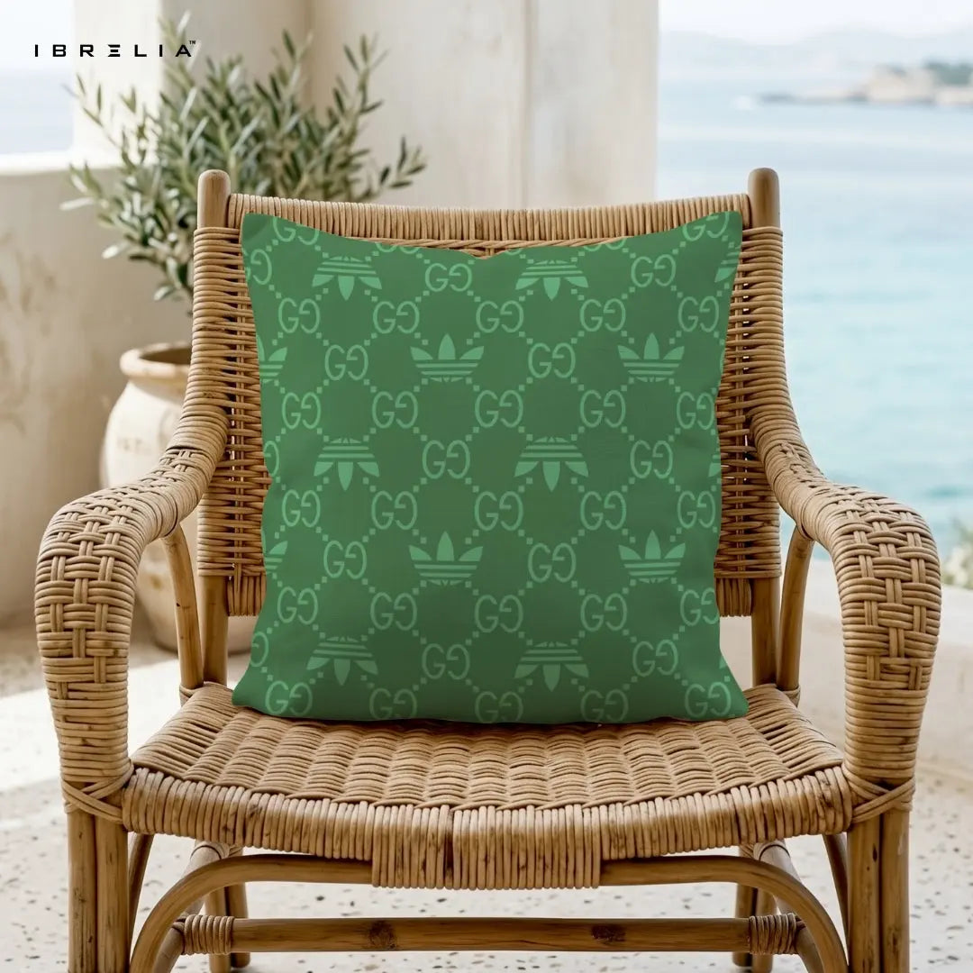 Green Monogram Pattern Cushion – 15x15 Inch Decorative Pillow | Luxury Pattern Cushion | Double-Sided Print | Premium Fibre Filling | IBRELIA™ IBRELIA