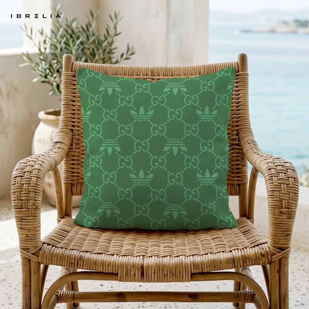 Green Monogram Pattern Cushion – 15x15 Inch Decorative Pillow | Luxury Pattern Cushion | Double-Sided Print | Premium Fibre Filling | IBRELIA™ IBRELIA