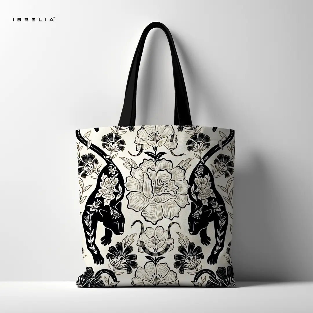 IBRELIA™ Panther Floral Luxury Premium Jute Tote Bag with Velvet Handles, Satin Lining & Inner Zip Pocket IBRELIA