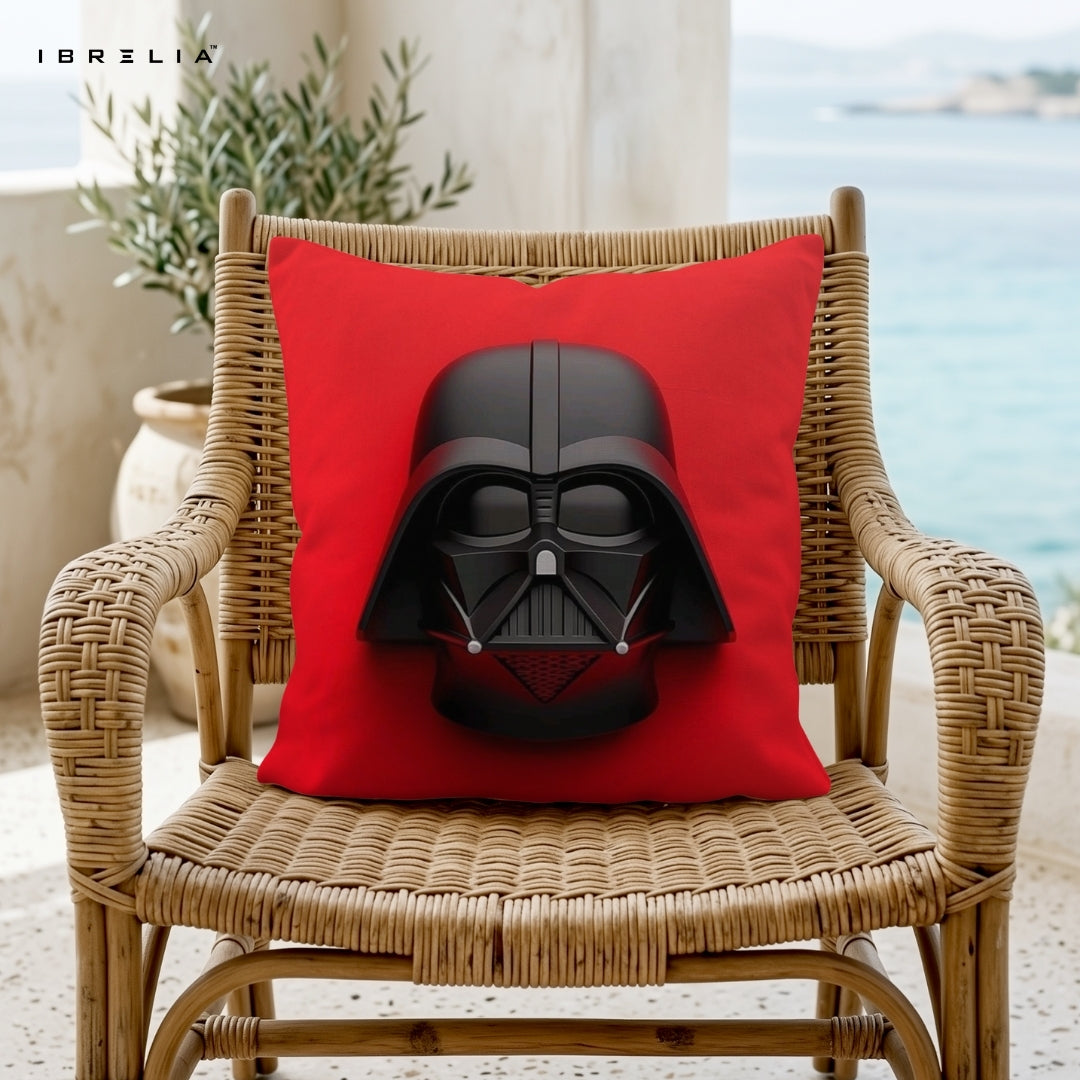 Dark Warrior Helmet Cushion | Red Minimal Character Design | Premium Jute Fabric | Double-Sided Print | IBRELIA™ IBRELIA