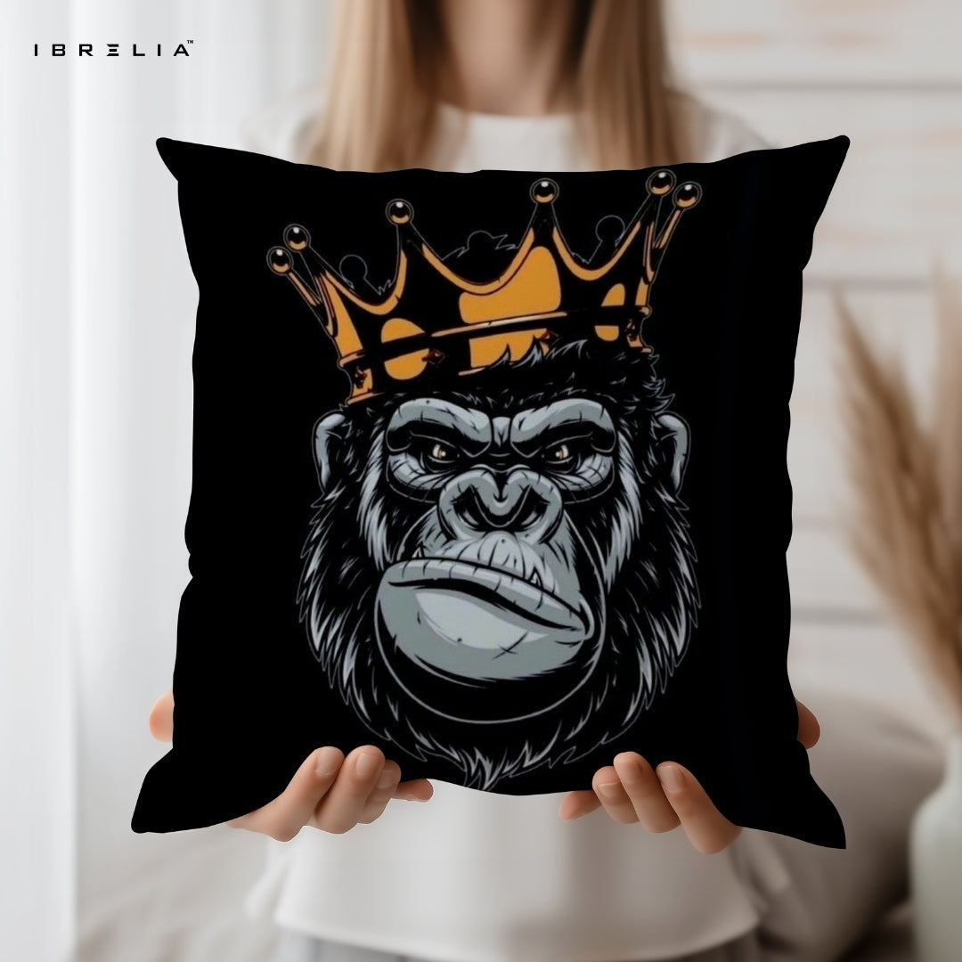 King Gorilla Cushion | Bold Crown Animal Design | Premium Jute Fabric | Double-Sided Print | IBRELIA™ IBRELIA